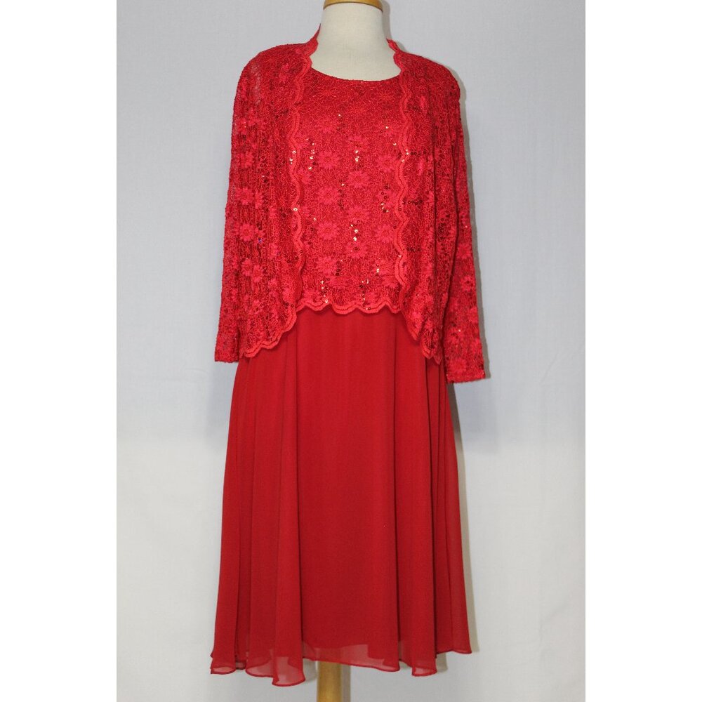 Fanny #1336 Short Chiffon and Lace Mother's Dress With Lace Jacket-XL-RED-NEW